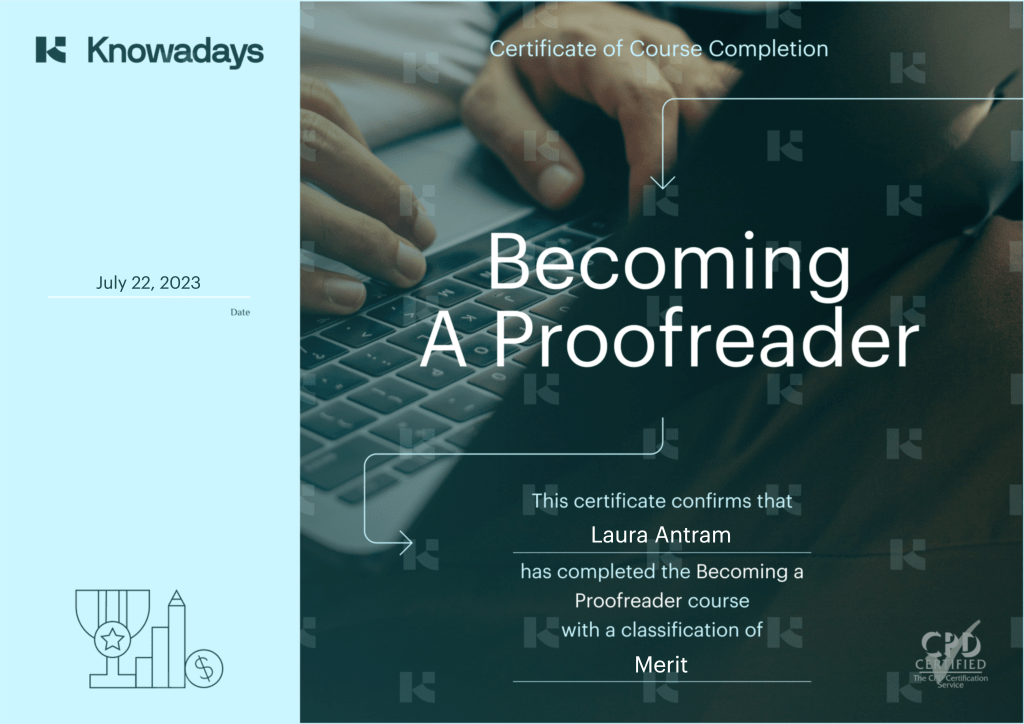 Image of a light blue Knowadays Certificate of Course Completion Becoming a Proofreader certificate.